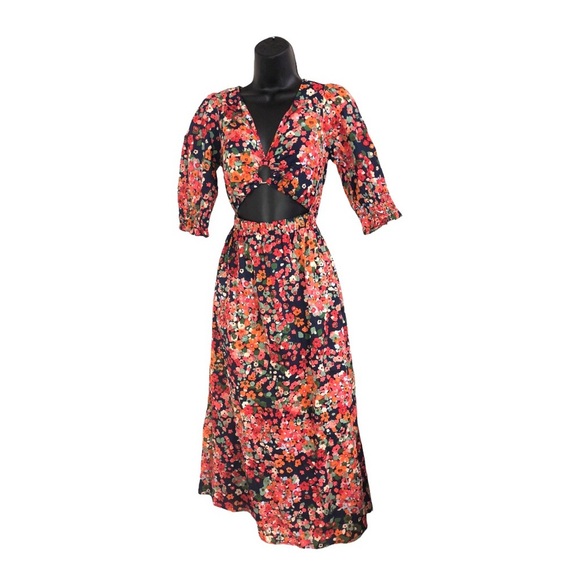 Red orange floral multi midriff cut out cotton v-neck midi dress size medium new - Picture 2 of 16